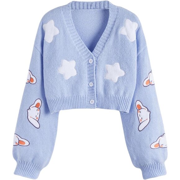 Women's Cartoon Pattern Cardigan Acrylic Long Sleeve V Neck Button Crop Top - Picture 1 of 4
